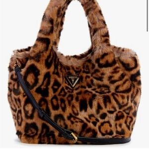 GUESS Samia Leopard-Print Faux Fur Tote in Brown and Black